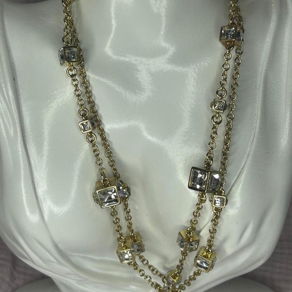 Christian Siriano Gold 3D Cube Crystal Long Necklace
